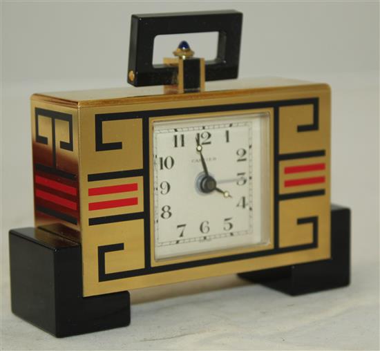 A Must de Cartier enamelled and lacquered brass desk timepiece, 4in., in original Cartier fitted case